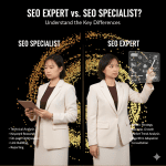 Comparison chart showing the differences between an SEO Specialist and an SEO Expert, including roles, skills, and responsibilities