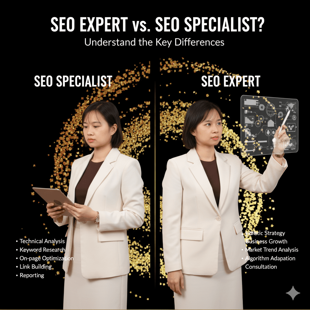 Comparison chart showing the differences between an SEO Specialist and an SEO Expert, including roles, skills, and responsibilities